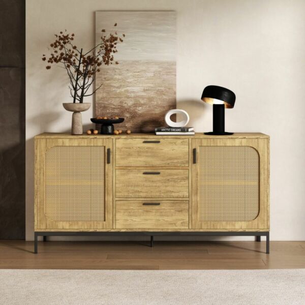 طاولة بوفيه خشب وراتان رومان - بيج