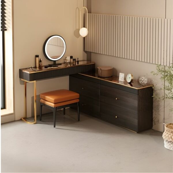 طاولة تزيين ساتو ومرآة-بني غامق وذهبي