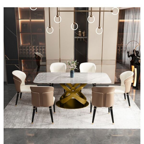 طاولة طعام مودرن رولان 6 أشخاص - لون أبيض رخامي وذهبي