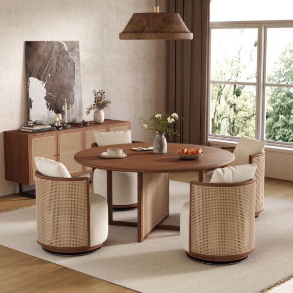 طاولة طعام راتان طبيعي 4 اشخاص من ويلو - بني وبيج