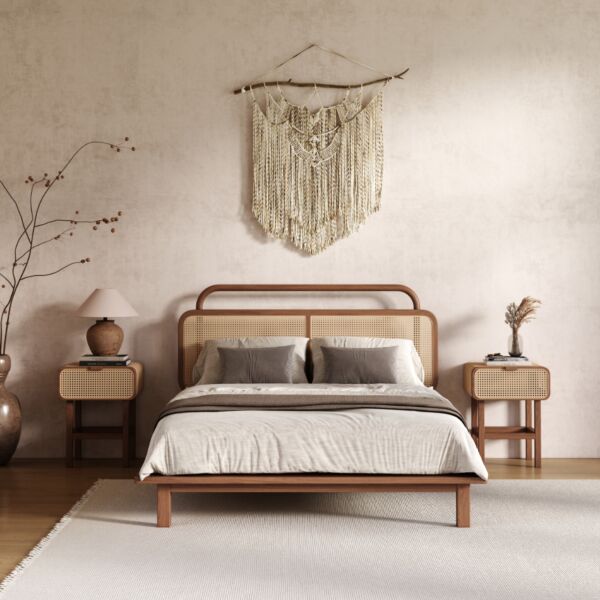سرير كوين راتان طبيعي 200x160 سم من ويلو - بني وبيج