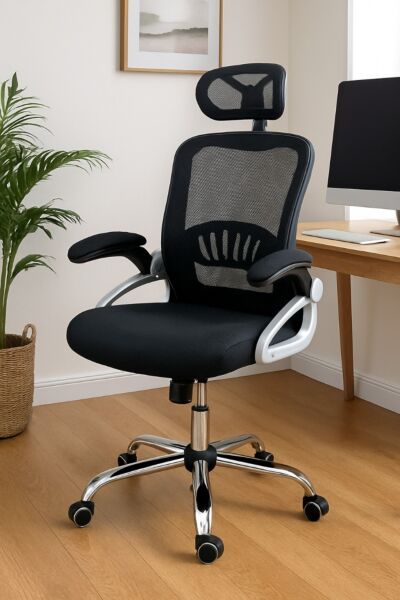 كرسي مكتب متحرك بعجل ومسند للرأس قابل للتعديل - أسود