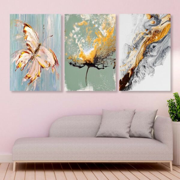 لوحة جدارية فنية بتصميم فراشة تجريدي - ثلاث قطع - مقاس 120x60 سم