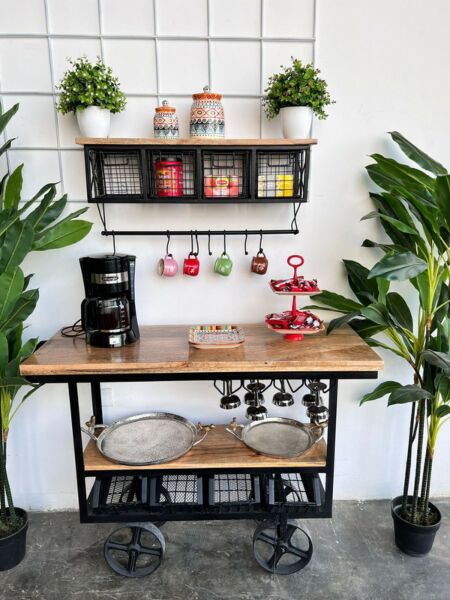 طقم ركن قهوة خشب طبيعي بأدراج معدن، لون بيج وأسود - اندستيريل 