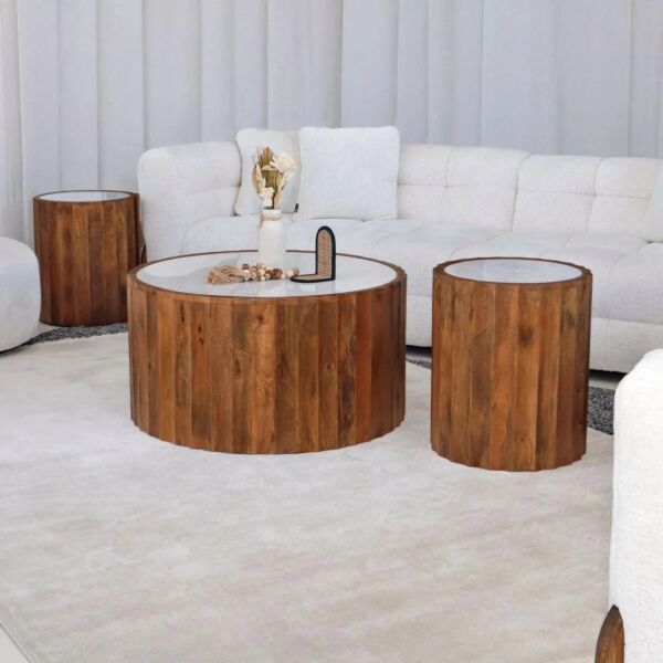 طقم طاولة قهوة خشب هندي طبيعي بلينكو