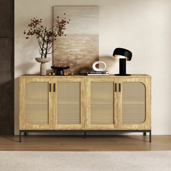 طاولة بوفيه خشب راتان - بيج