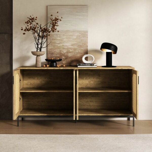 طاولة بوفيه خشب راتان - بيج