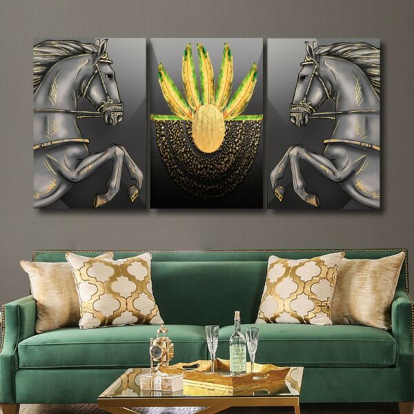 لوحة جدارية فنية بتصميم أحصنة - ثلاث قطع  - مقاس 120x60 سم