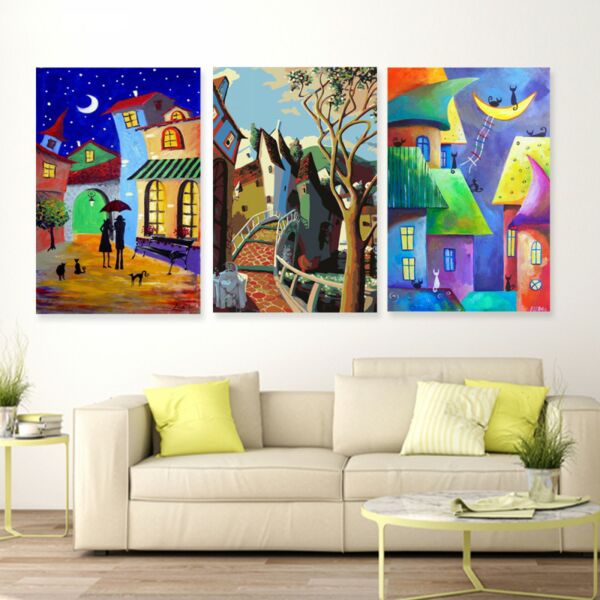 طقم لوحات جدارية فنية سيتي كلرز بتصميم عصري 3 قطع - متعدد الالوان