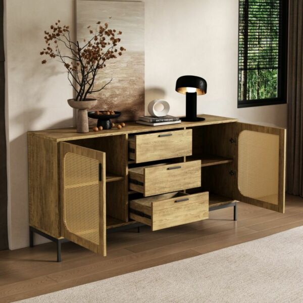 طاولة بوفيه خشب وراتان رومان - بيج