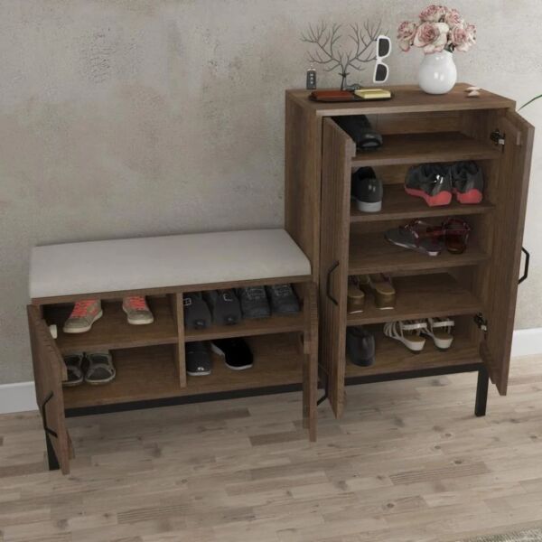 خزانة أحذية خشبي مع وسادة مقعد - بني ومتعدد الالوان