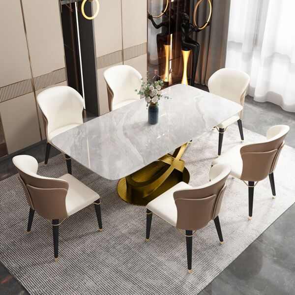 طاولة طعام مودرن رولان 6 أشخاص - لون أبيض رخامي وذهبي