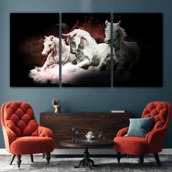 طقم لوحات جدارية فنية لتزين الجدار بتصميم خيول مع زخارف - ثلاث قطع