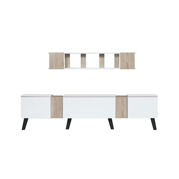 طاولة تلفاز مع وحدة رفوف جدارية ديريك لون أبيض وبيج