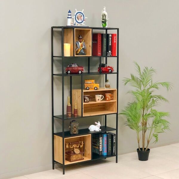 ستاند رفوف حديد وخشب ايزيك - اسود وبيج