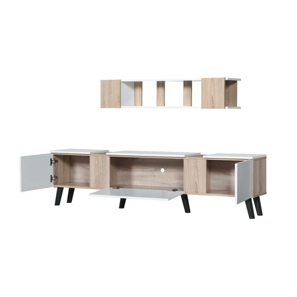 طاولة تلفاز مع وحدة رفوف جدارية ديريك لون أبيض وبيج