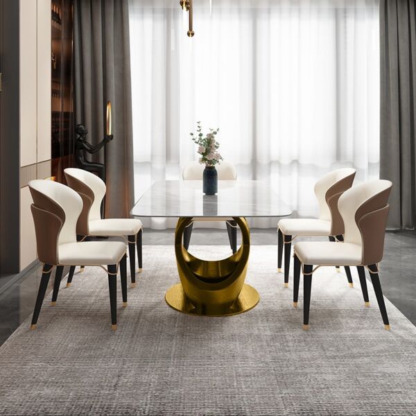 طاولة طعام مودرن رولان 6 أشخاص - لون أبيض رخامي وذهبي