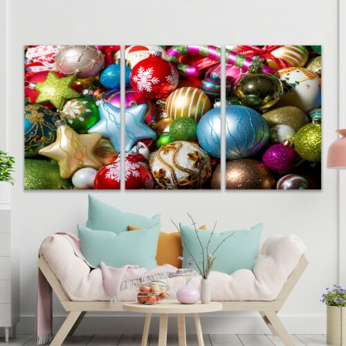 لوحة جدارية فنية بتصميم زينة الميلاد - ثلاث قطع - مقاس 120x60 سم