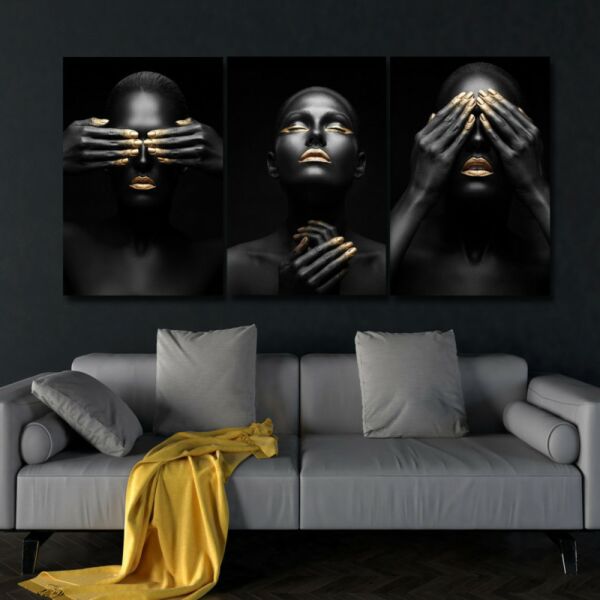 طقم لوحات جدارية فنية ورني لتزين الحائط بتصميم إمراة ثلاث قطع-أسود واصفر