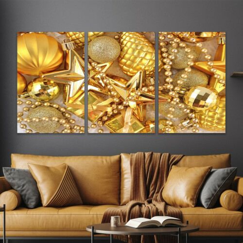 لوحة جدارية فنية بتصميم زينة الميلاد الذهبية - ثلاث قطع - مقاس 120x60 سم