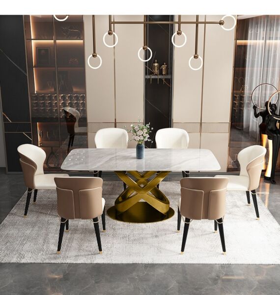 طاولة طعام مودرن رولان 6 أشخاص - لون أبيض رخامي وذهبي