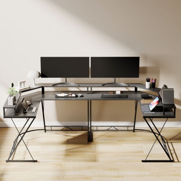 مكتب كمبيوتر مع حامل شاشة وشريط إضاءة ليد