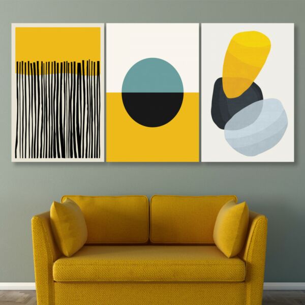 طقم لوحات جدارية فنية لتزين الحائط بتصميم عصري يللو - ثلاث قطع