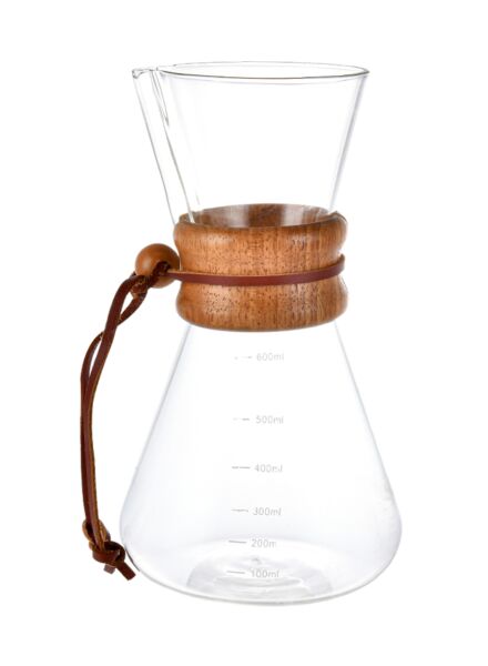 خادم قهوة زجاجي وف لتر من الفولاذ المقاوم للصدأ ومقبض خشبي 600  مل  فضي وبني 