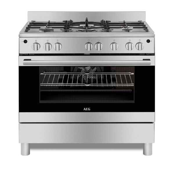 موقد غاز أيه إي جي 90 سم فري ستاند مع 5 شعلات وفرن بسعة 116 لتر مع مروحة للطبخ - ستانلس ستيل