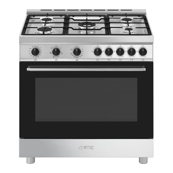 موقد سميج 90 سم فري ستاند كهربائي مع 5 شعلات غاز وخاصية التنظيف بالبخار - ستانلس ستيل