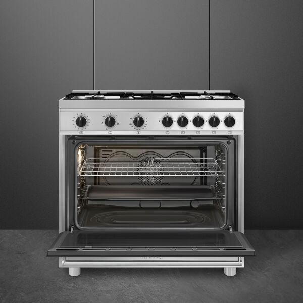 موقد سميج 90 سم فري ستاند كهربائي مع 5 شعلات غاز وخاصية التنظيف بالبخار - ستانلس ستيل