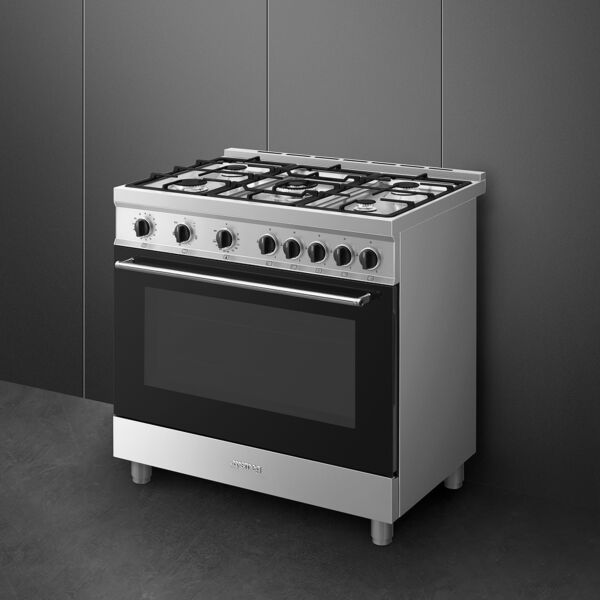 موقد سميج 90 سم فري ستاند كهربائي مع 5 شعلات غاز وخاصية التنظيف بالبخار - ستانلس ستيل