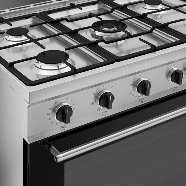 موقد سميج 90 سم فري ستاند كهربائي مع 5 شعلات غاز وخاصية التنظيف بالبخار - ستانلس ستيل