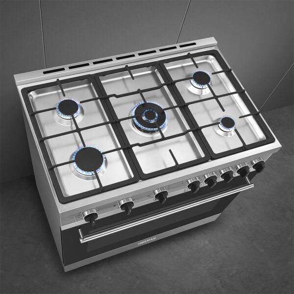 موقد سميج 90 سم فري ستاند كهربائي مع 5 شعلات غاز وخاصية التنظيف بالبخار - ستانلس ستيل