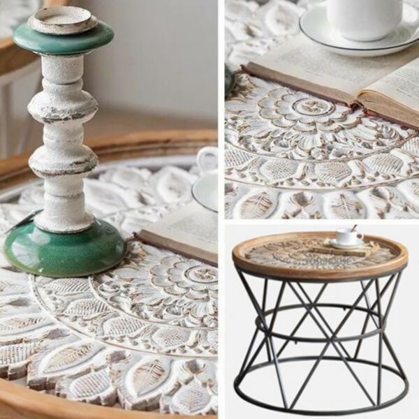 طاولة قهوة سطح خشب مزخرف بواجهة زجاج روكا