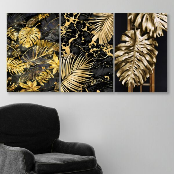 طقم لوحات جدارية فنية لتزين الحائط بتصميم غولدن ليفز - ثلاث قطع