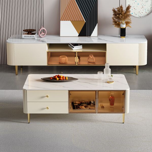 طاولة تلفزيون رونار خشبية و أرجل ستيل و سطح رخام أبيض - 200x53x40 سم