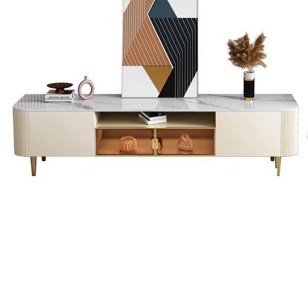 طاولة تلفزيون رونار خشبية و أرجل ستيل و سطح رخام أبيض - 200x53x40 سم