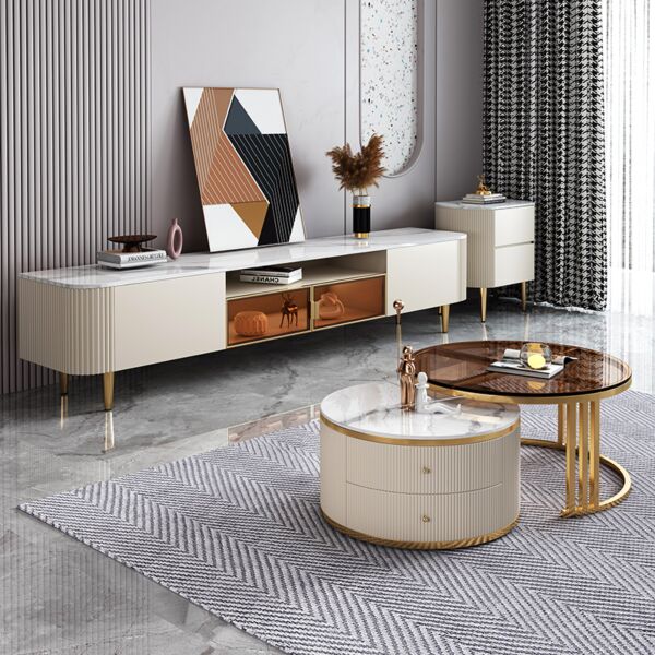 طاولة قهوة رونار خشبية و أرجل ستيل و سطح رخام و زجاج