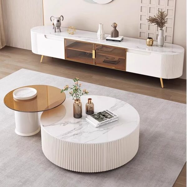 طاولة تلفزيون دورا خشبية و أرجل ستيل  - ابيض