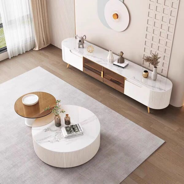 طاولة تلفزيون دورا خشبية و أرجل ستيل  - ابيض