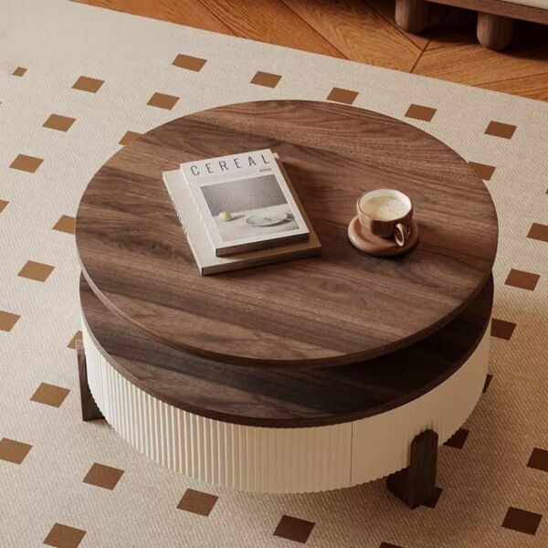 طاولة قهوة مع طاولة جانبية دائري اشل - كريمي وبني