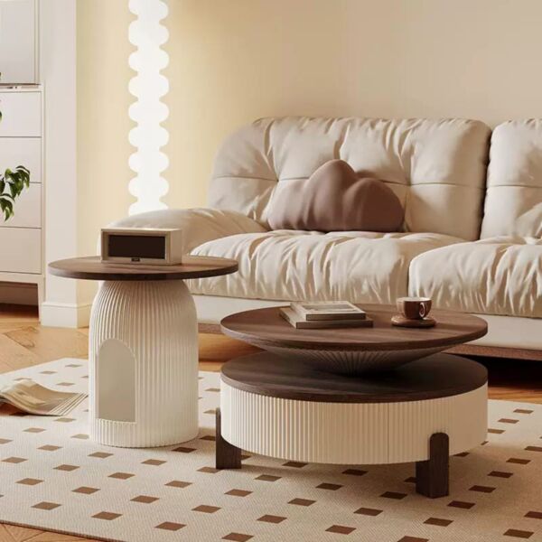 طاولة قهوة مع طاولة جانبية دائري اشل - كريمي وبني