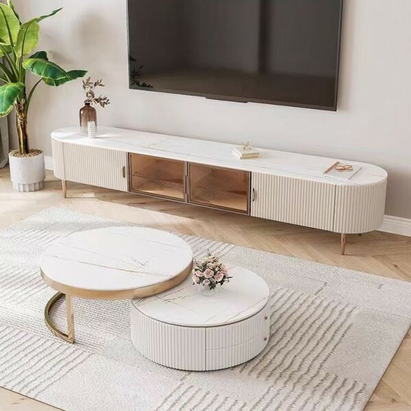 طاولة تلفزيون سطح سيراميك ابيلا - كريمي وذهبي