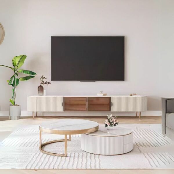 طاولة تلفزيون سطح سيراميك ابيلا - كريمي وذهبي