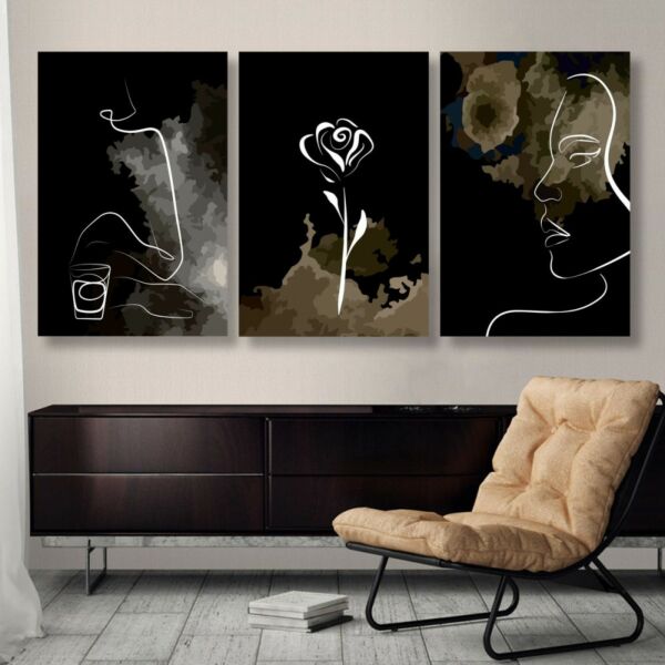 لوحة جدارية فنية بتصميم امرأة ووردة - ثلاث قطع - مقاس 120x60 سم