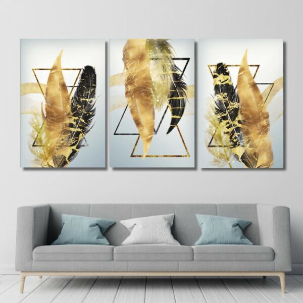 لوحة جدارية فنية بتصميم تجريدي لريش - ثلاث قطع  - مقاس 120x60 سم