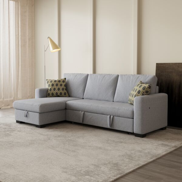 كنب زاوية سرير مع وحدة تخزين - رمادي فاتح