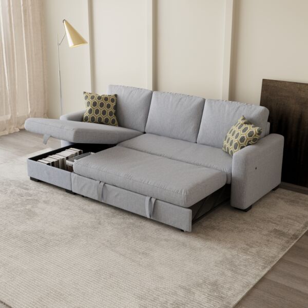 كنب زاوية سرير مع وحدة تخزين - رمادي فاتح