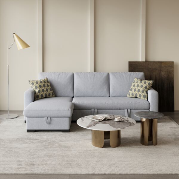 كنب زاوية سرير مع وحدة تخزين - رمادي فاتح